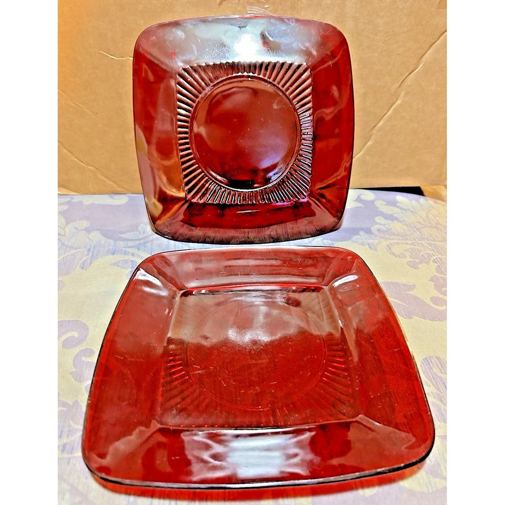 Pair of‎ Ruby Red Glass Bowls Square Starburst Pattern Vintage Serving Dish